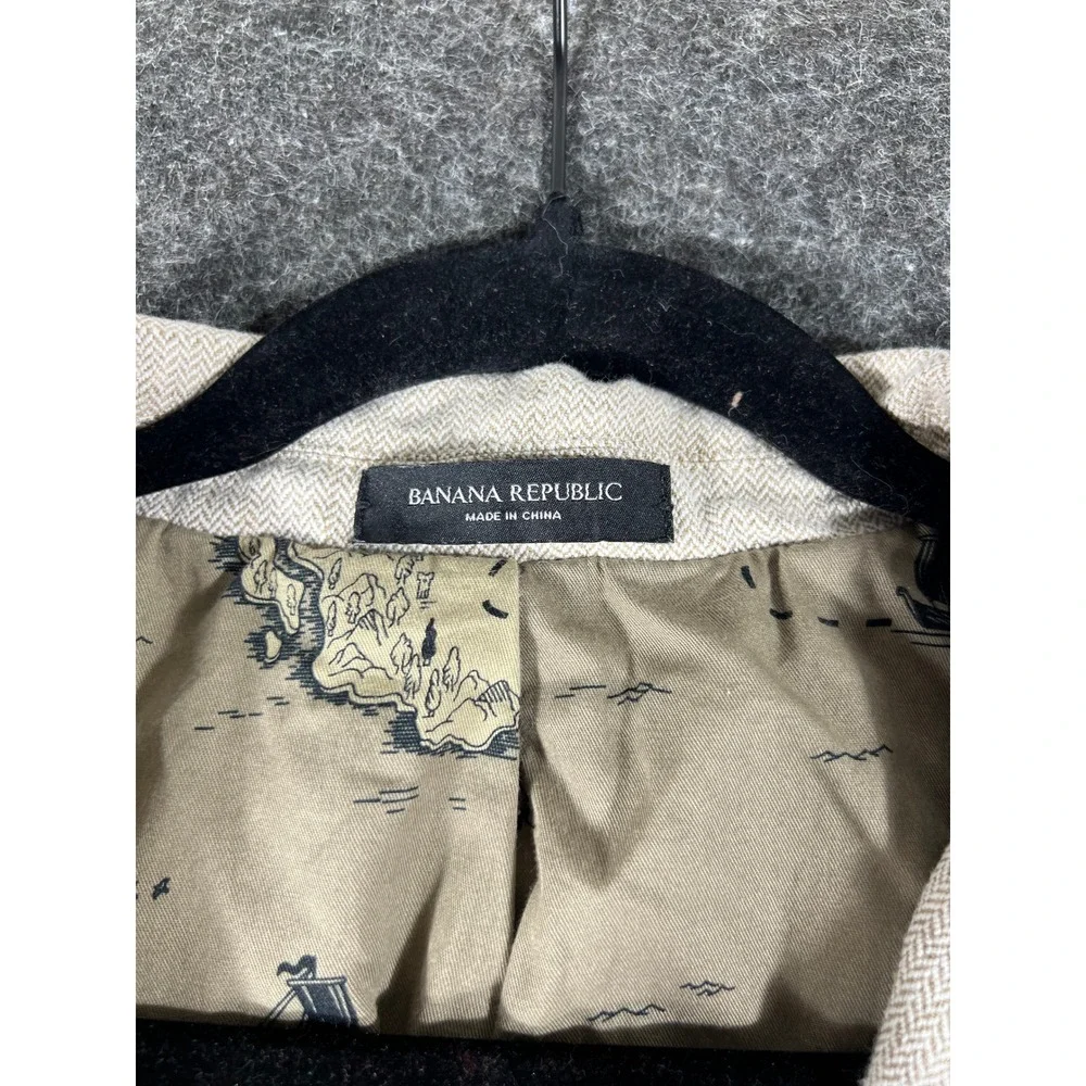 Banana Republic Mens Safari Jacket 44R Tan Herringbone Cotton Linen Map Lining
